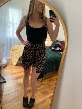 Blue Rain Black Mini Skirt with Orange Floral Print